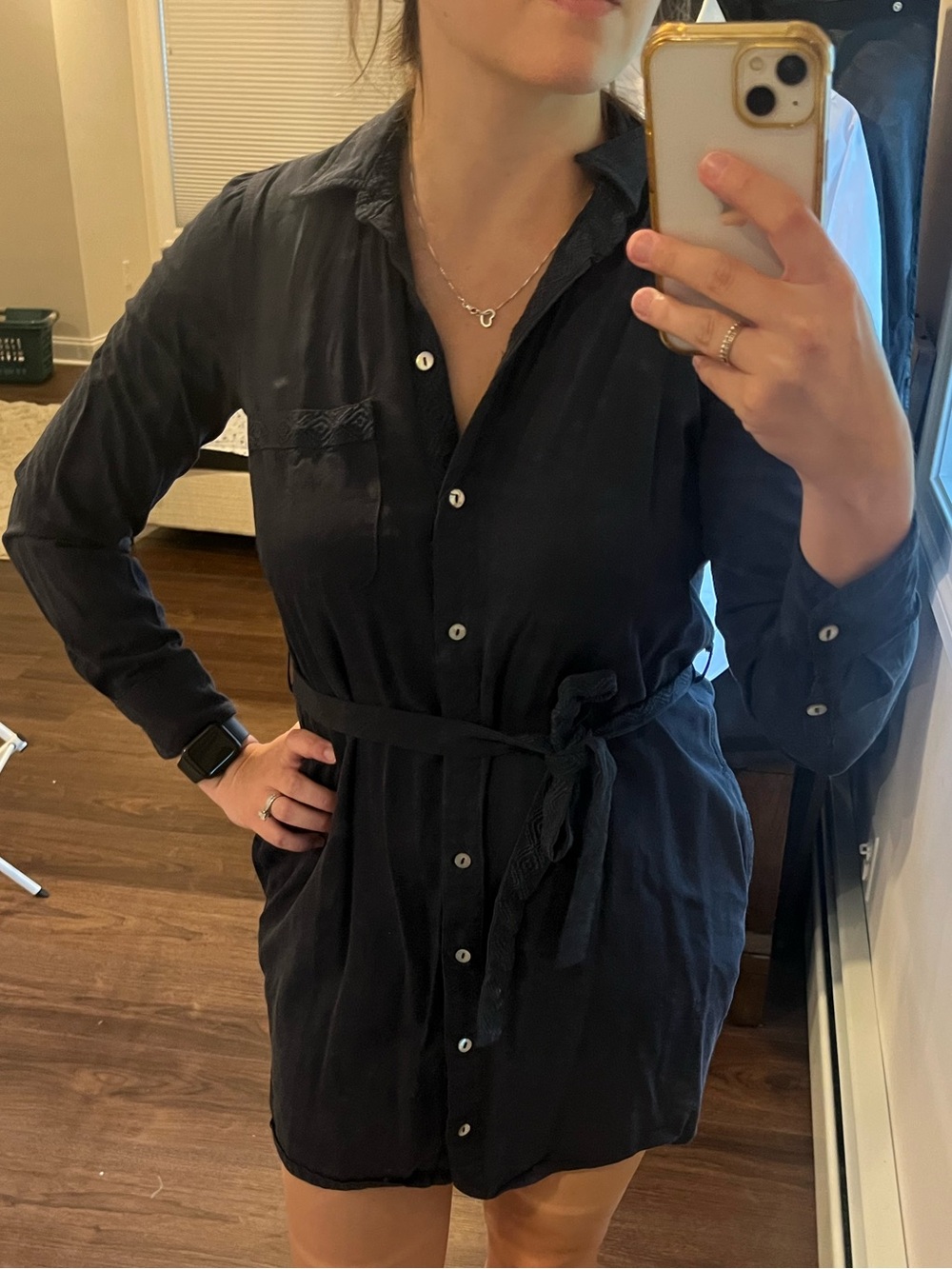 Faherty Navy Button-Front Shirt Dress with Tie Waist